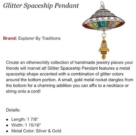 UFO gold necklace sparkly rainbow with ship under & rhinestones on silver chain - Picture 4 of 4